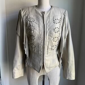 Patricia Wolf Pearlized Leather Fringe Jacket Beige Women’s 10 Made in Texas